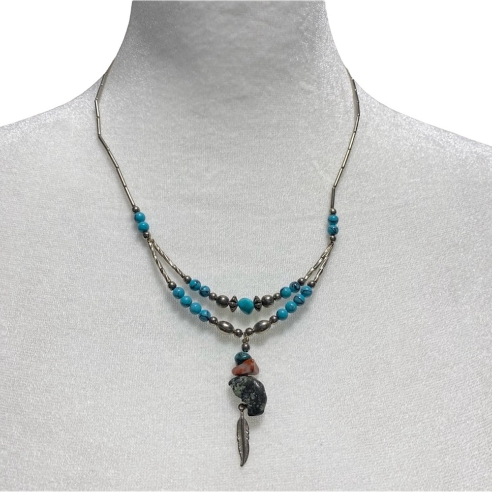 Turquoise & Stones Boho Dangle Feather Necklace